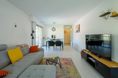 a living room with a couch and a flat screen tv at Lovely cosy nest close to the centre of Cannes in Cannes