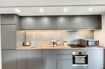a kitchen with stainless steel cabinets and a sink at Heart of Cannes contemporary 2BR garden view Palais & Croisette 5 mn by Olam Properties in Cannes