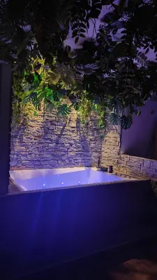 a bath tub in a room with a brick wall at Jungle Room Jacuzzi Privé Évasion en amoureux in Cannes