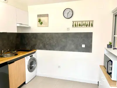 a kitchen with a washing machine and a sink at Grand Studio centre de Cannes in Cannes