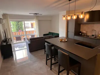 a kitchen and living room with a table and chairs at Les Arènes - Cannes centre, Charmant 2 pièces récemment rénové de 45 m2 avec sa terrasse de 10 m2 in Cannes