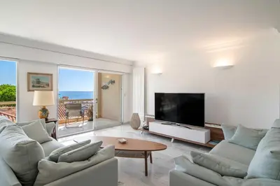 a living room with couches and a flat screen tv at Bright apartment with sea view - Palm Beach in Cannes