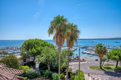 a view of a harbor with palm trees and the ocean at Bright apartment with sea view - Palm Beach in Cannes