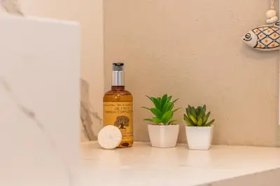a bottle of whisky sitting on a counter with two plants at 2-Br Rooftop in Palm Beach 2-min walk to beaches in Cannes