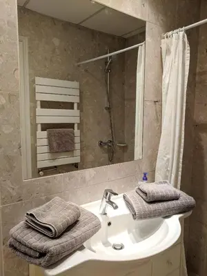 a bathroom with a sink and a shower and a mirror at Citilet 6 Bright, open-plan with large terrace in Cannes