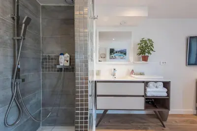 a bathroom with a shower and a sink at Duplex Cannes plein Centre, Zone Piétonne, 2 Chambres in Cannes
