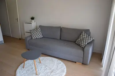 a living room with a gray couch and a table at Appartement, 2 pièces ,résidence avec piscine in Cannes