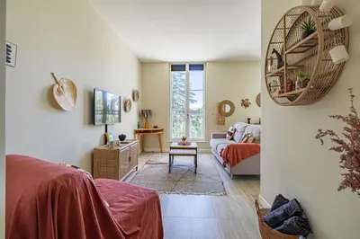 a living room with a couch and a tv at Quiet and luxurious studio - Cannes Center in Cannes