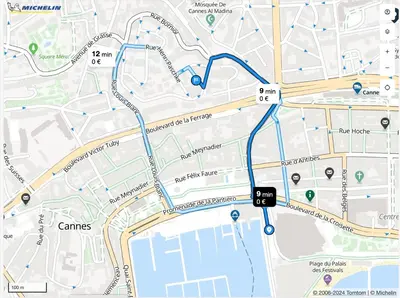 a map of the city of cannes with a blue line at Quartier Suquet Marché Forville 4 pers. Terrasse in Cannes