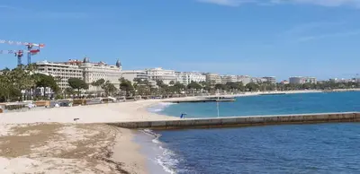 a beach with buildings in the background and the ocean at Studio Croisette in Cannes