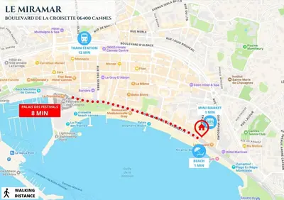 a map of a city with a red line at Miramar - Studio Croisette - Vue Mer Panoramique in Cannes