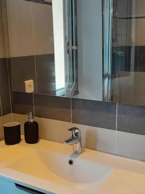 a bathroom sink with a faucet and a mirror at World Apartment Cannes in Cannes