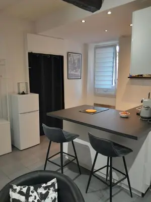 a kitchen with a large island in a room at World Apartment Cannes in Cannes
