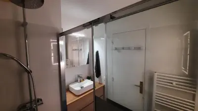 a bathroom with a sink and a glass shower door at Sunny Mercury - Room in Apartment in Cannes