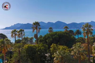 a view of a beach with palm trees and the ocean at Lido Sea View, Congrès & Plage, clim, terrasse vue mer in Cannes