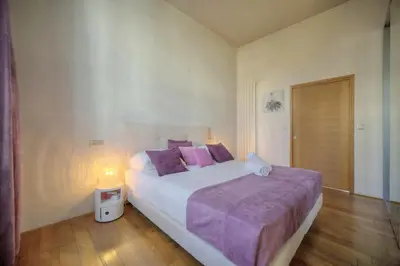 a bedroom with a large bed with purple pillows at IMMOGROOM - T5 de standing - 130m - Terrace - Parking - AC in Cannes