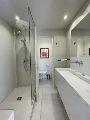 a bathroom with a shower and a sink and a toilet at Renovated Cannes Centre Banane balcon in Cannes