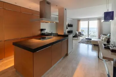 a kitchen with a sink and a living room at T3 vue mer LE MACE PLAGE in Cannes