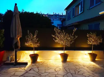 a patio with three potted trees and an umbrella at FRGK