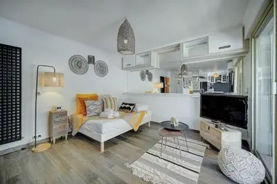 a living room with a couch and a tv at Beautiful 28m2 studio with balcony in Cannes
