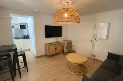 a living room with a couch and a table and a television at Appartement 2 pièces (Banane) in Cannes