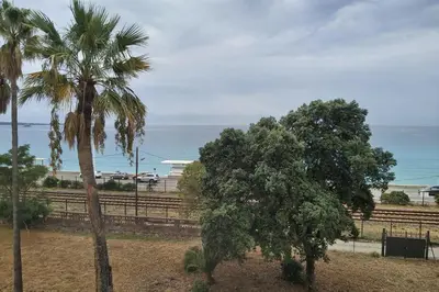 two palm trees in front of a fence and the ocean at Cozy cocoon with balcony close to the sea in Cannes