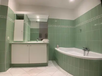 a green bathroom with a tub and a sink at CLEMENCEAU Plage Palais Cannes in Cannes