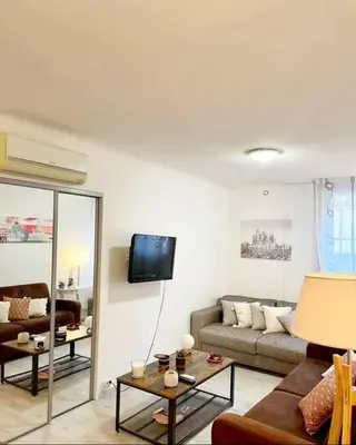 a living room with a couch and a tv on a wall at Cœur de Cannes in Cannes