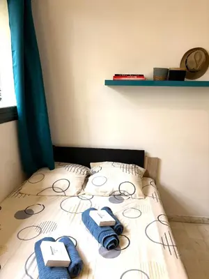 a bed with two pillows and books on it at Cannes city center cozy studio 100 m from beach AC Wifi all within walking distance in Cannes