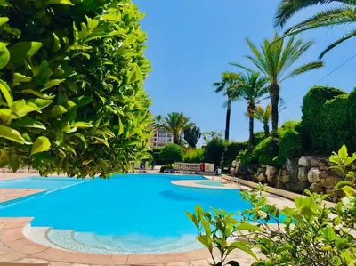 a large blue swimming pool with palm trees at Front de mer, 8min du Palais des Festivals in Cannes