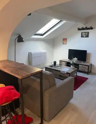 a living room with a couch and a television at Studio Cannes banane in Cannes