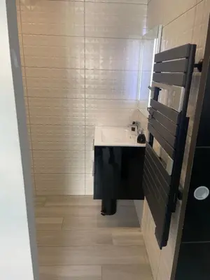 a small bathroom with a sink and a mirror at Studio Cannes banane in Cannes