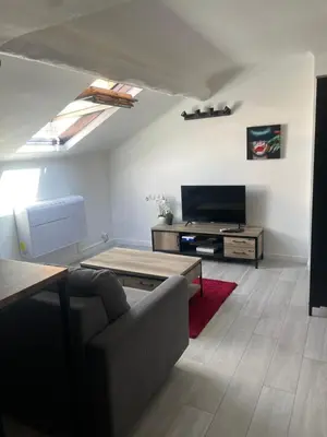 a living room with a couch and a flat screen tv at Studio Cannes banane in Cannes