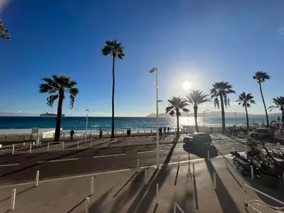 a view of a beach with palm trees and the ocean at Shelly luxury sea view by Welcome to Cannes in Cannes