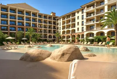 a swimming pool with rocks in front of a hotel at Appartement 3 pièces piscine proche plage et Cannes in Cannes