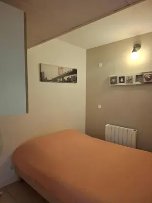 a bedroom with a bed and a picture on the wall at Appartement 3 pièces piscine proche plage et Cannes in Cannes