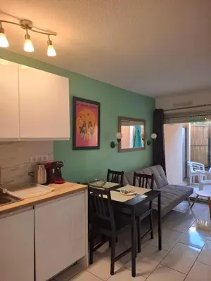 a kitchen and a living room with a table at Appartement 3 pièces piscine proche plage et Cannes in Cannes