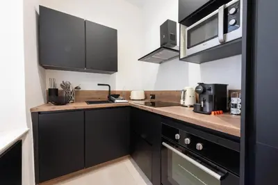 a kitchen with black cabinets and stainless steel appliances at Renovated Apartment in the Heart of Cannes in Cannes