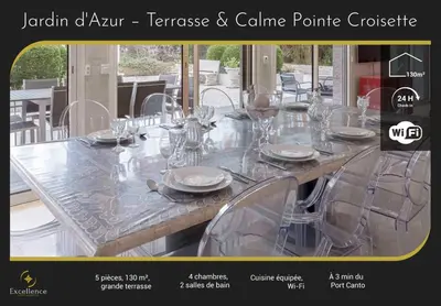 a table with glasses and plates on top of it at Jardin d'Azur – Terrace, Calm & Croisette in Cannes