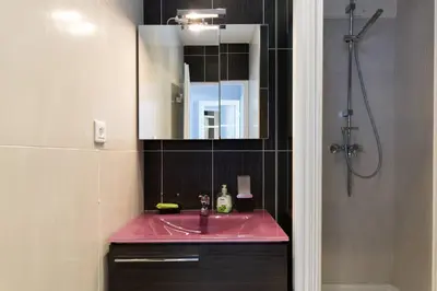 a bathroom with a pink sink and a shower at Cannes Palm Beach Parking, clim, wifi plage 2' à pieds in Cannes