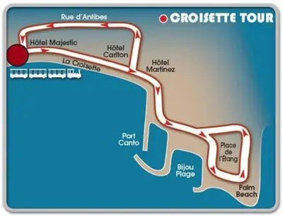 a map of the hududiritic tour at Cannes Palm Beach Parking, clim, wifi plage 2' à pieds in Cannes