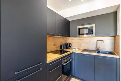 a kitchen with blue cabinets and a sink at 8 MERLE - Beau studio au centre de Cannes avec balcon ! in Cannes