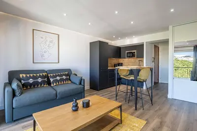 a living room with a couch and a table at 8 MERLE - Beau studio au centre de Cannes avec balcon ! in Cannes