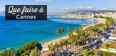 a view of a beach with palm trees and the words lake fairlie a games at L'Étrier-Cannes Centre Terrasse in Cannes