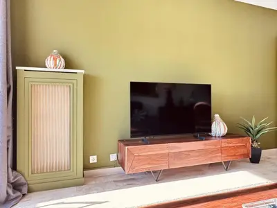 a living room with a television and a wooden entertainment center at L'Étrier-Cannes Centre Terrasse in Cannes