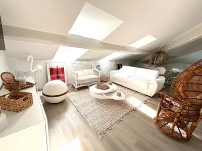 a living room with a white couch and chairs at WELCOME - Stunning 2-bedroom at 5 minutes from Palais des Festivals in Cannes