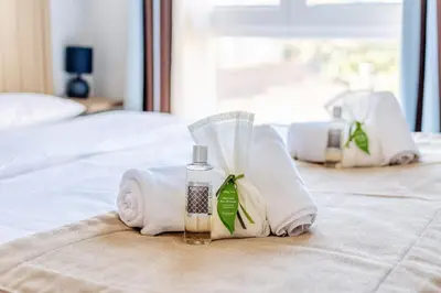 a hotel room with towels and a bottle of perfume at L'Excel Canne's - 3 pièces Cannes in Cannes