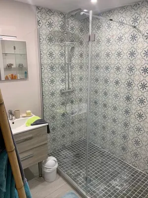 a shower with a glass door in a bathroom at Le jasmin du Riou in Cannes