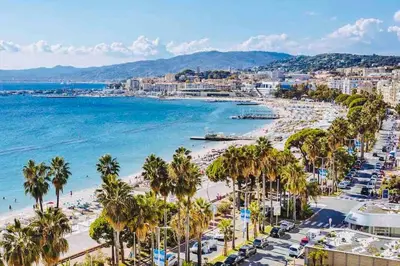 a view of a beach with palm trees and the ocean at Palm Croisette - Studio vue Mer & Martinez in Cannes