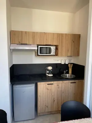 a small kitchen with a microwave and a sink at NEGRIN in Cannes